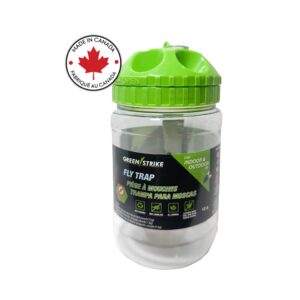 GREENSTRIKE Large Fly Trap (32 oz.) with a food-grade attractant and innovative 6-hole cap design for higher effectiveness. Made in Canada