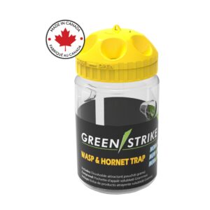 GREENSTRIKE Wasp & Hornet Trap with 6-hole cap, hangable and reusable design, with additional holes on the sides for improved efficacy. Made in Canada